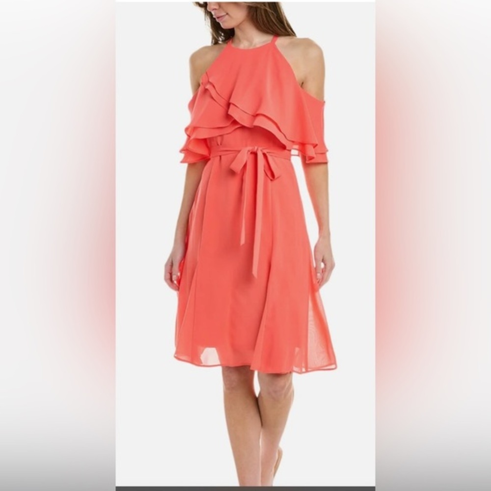 Maison tara‎ coral orange tiered cold shoulder midi dress size 12 new